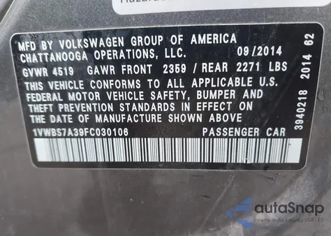 2015 Volkswagen Passat 1.8T Se z USA, uszkodzony, nr VIN 1VWBS7A39FC030106